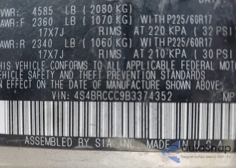 2011 Subaru Outback 2.5I Premium z USA, uszkodzony, nr VIN 4S4BRCCC9B3374352